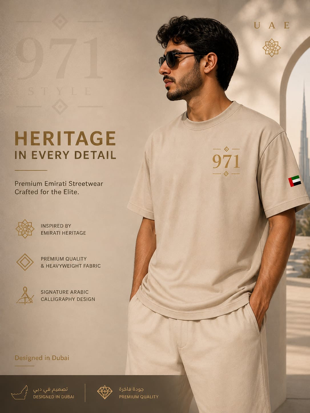 971 Heritage Beige T-Shirt – Emirati Streetwear 🇦🇪✨