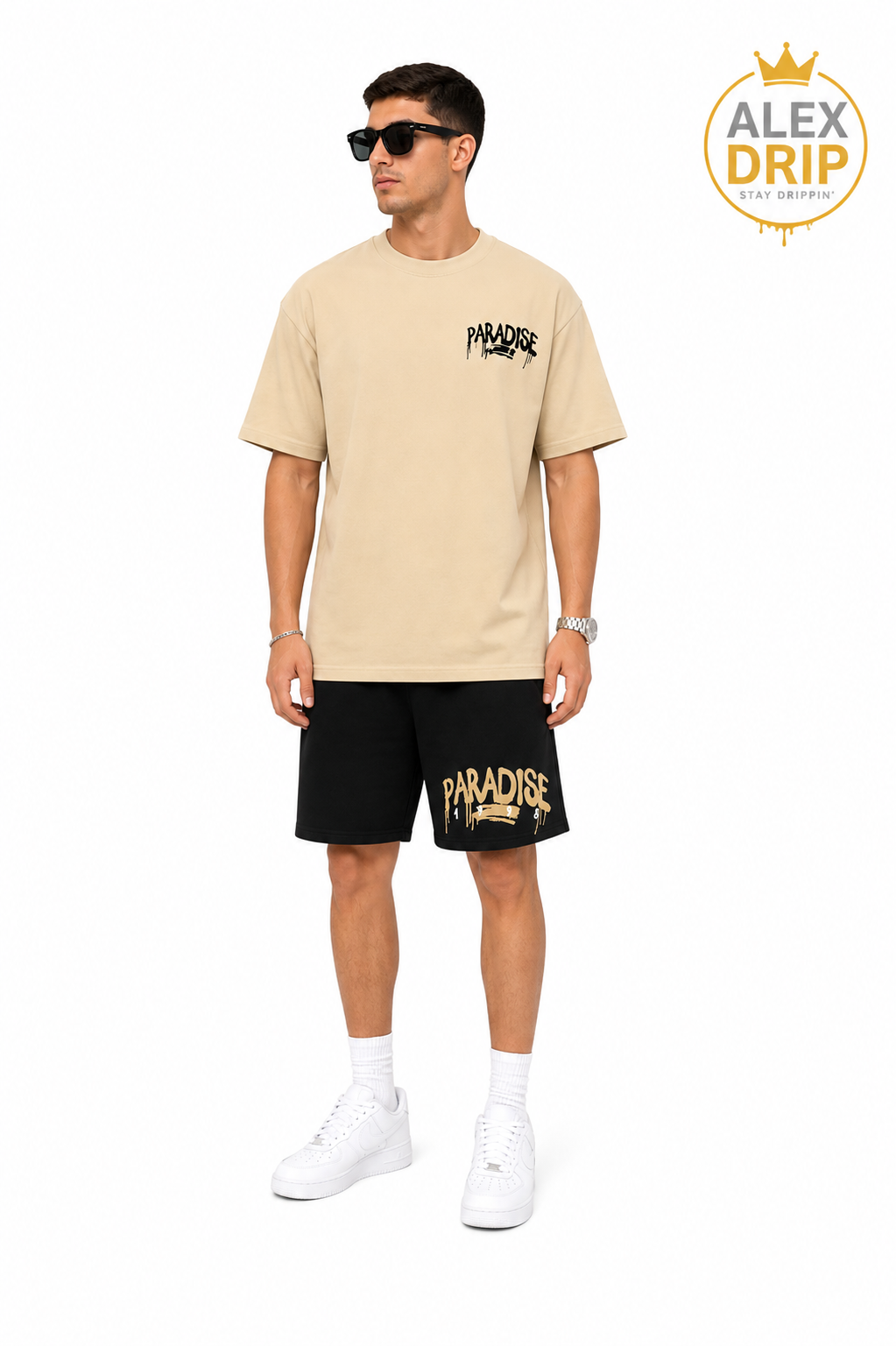 Beige Paradise Cotton T-Shirt & Black Shorts Set