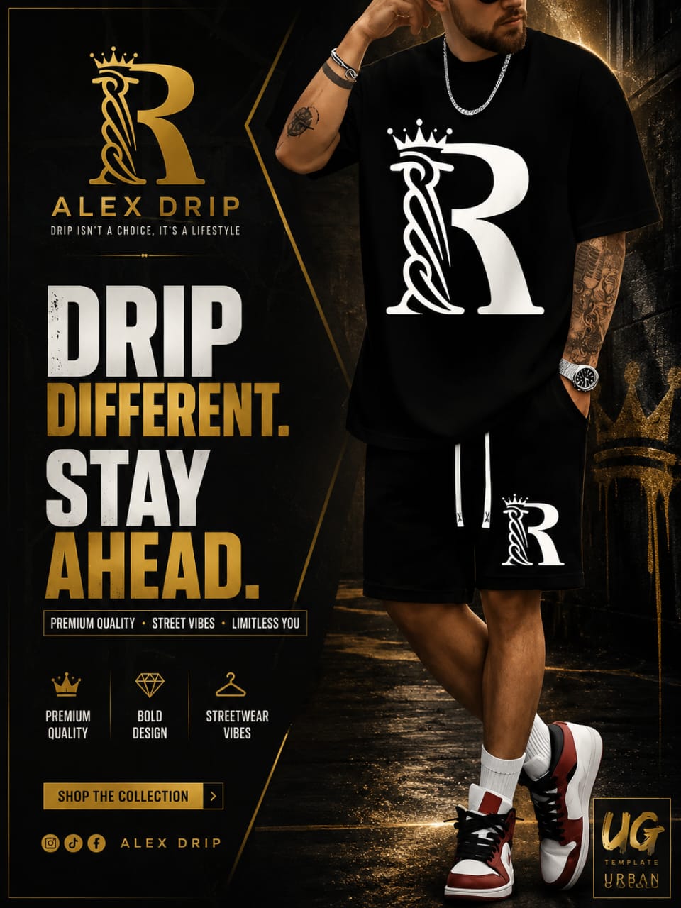 Alex Drip Oversized Streetwear Set – Black T-Shirt & Shorts