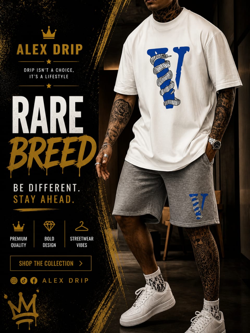Alex Drip “V Snake” Oversized Summer Set – White & Grey Streetwear